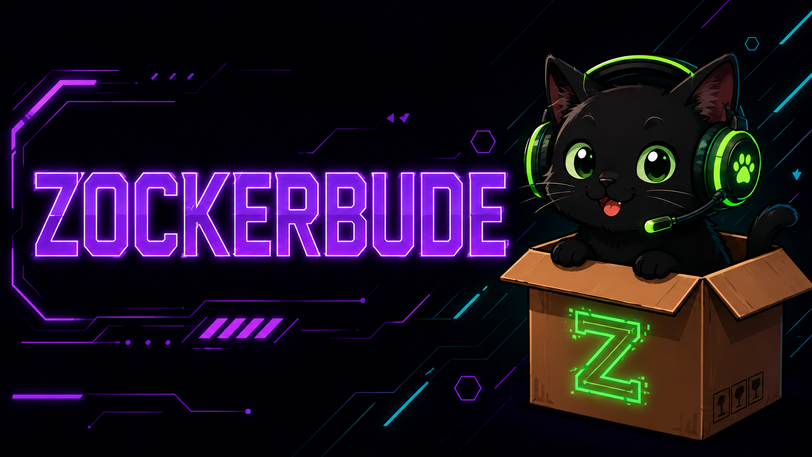 Zockerbude Banner mit schwarzer Katze im Karton
