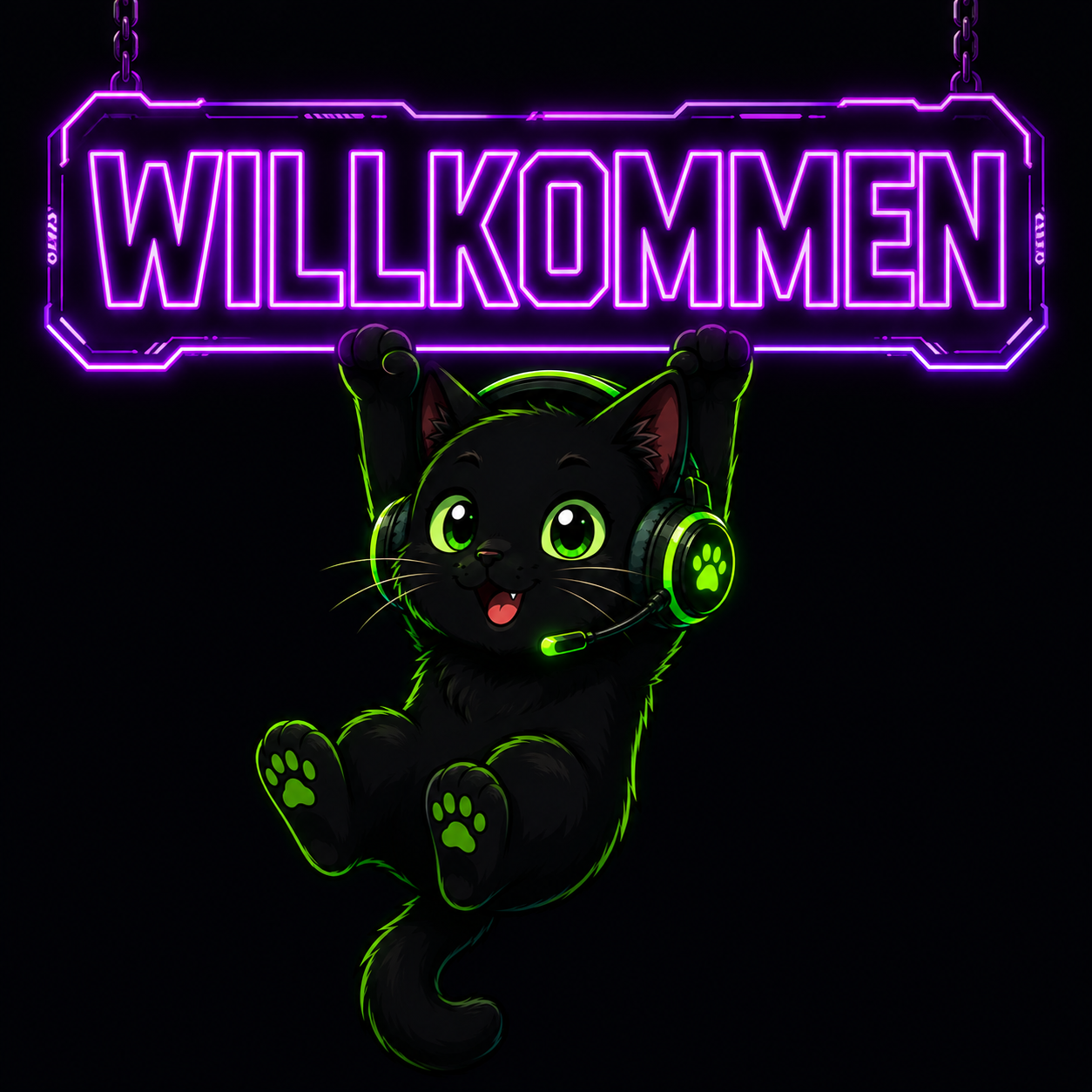 Willkommen in der Zockerbude mit schwarzer Katze