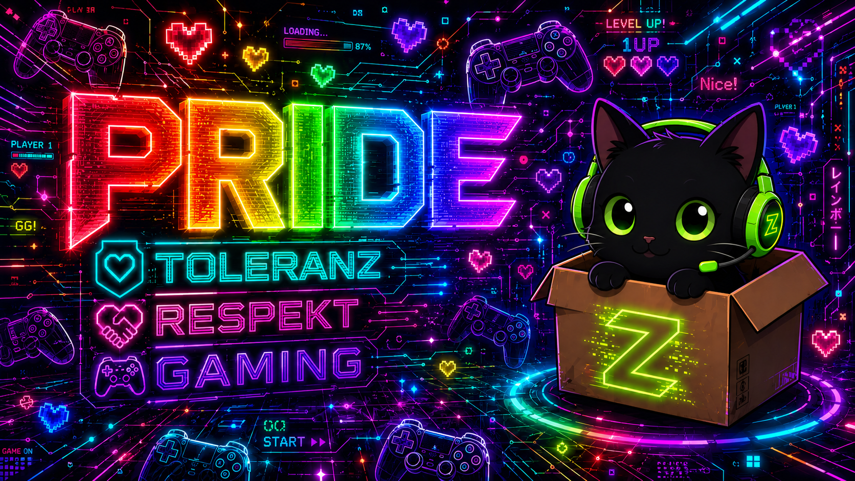 Neon-Banner mit Pride, Toleranz, Respekt und Gaming