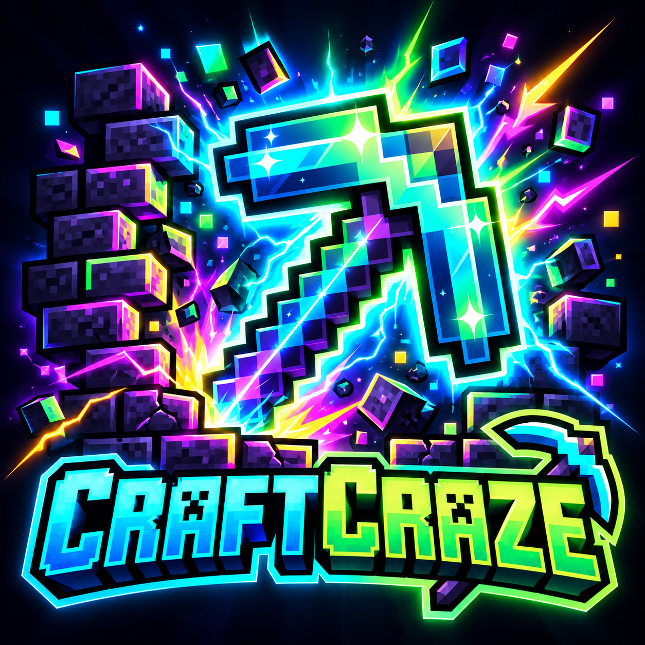 Craft Craze Logo mit leuchtender Minecraft-Spitzhacke und Schriftzug